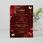 Elegant Gold Red Floral Butterfly Quinceanera Folie Uitnodiging (Staand Voorkant)