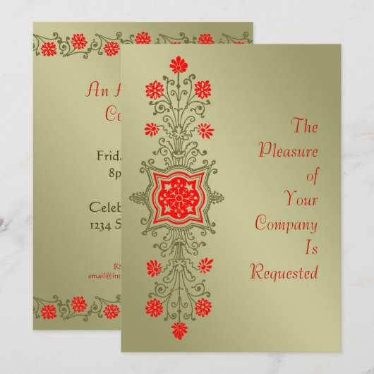 Elegant Gold Red Floral Etching Custom Invitations Kaart (Voorkant / Achterkant)