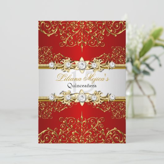Elegant Gold Red  Glamor Quinceanera Kaart (Staand voorkant)