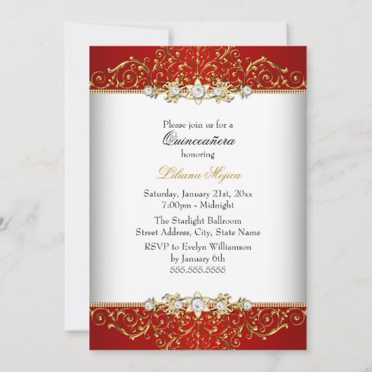 Elegant Gold Red  Glamor Quinceanera Kaart (Achterkant)