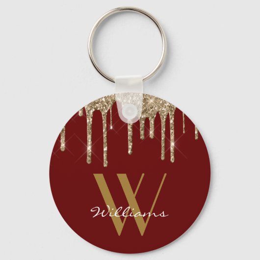 Elegant Gold Red Glitter Drift Monogram Naam Sleutelhanger (Voorkant)