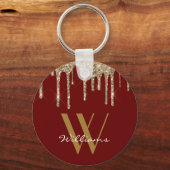 Elegant Gold Red Glitter Drift Monogram Naam Sleutelhanger (Voorkant)