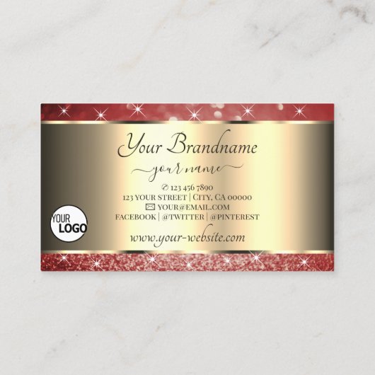 Elegant Gold Red Glitter Sparkle Stars en Logo Visitekaartje (Achterkant)