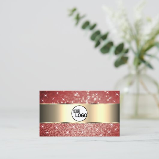 Elegant Gold Red Glitter Sparkle Stars en Logo Visitekaartje (Staand voorkant)