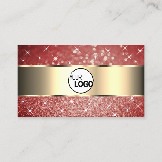 Elegant Gold Red Glitter Sparkle Stars en Logo Visitekaartje (Voorkant)