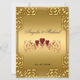 Elegant Gold Red Hearts Wedding Invitation Kaart