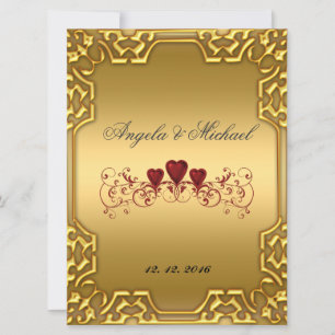 Elegant Gold Red Hearts Wedding Invitation Kaart