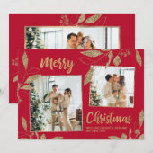 Elegant Gold Red Leaves 2 Fotokerstkaart (Voorkant / Achterkant)