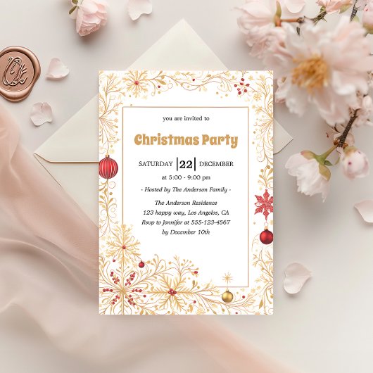 Elegant Gold & Red Ornaments Christmas Party       Kaart