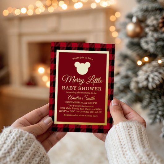 Elegant Gold Red Plaid Merry Little Baby Shower Folie Uitnodiging