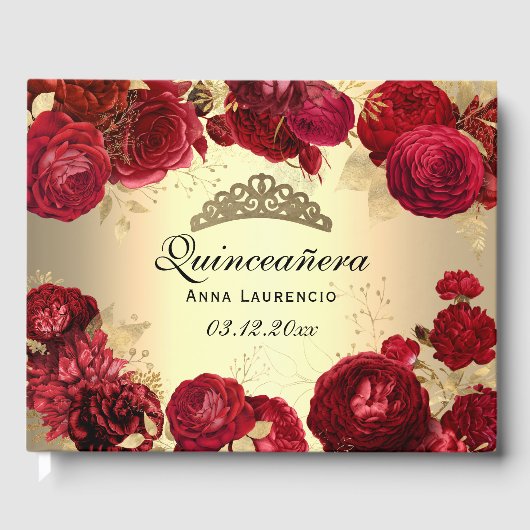 Elegant Gold Red Roses Quinceanera, aangepast Gastenboek (Voorkant)