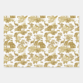 Elegant  Gold Red Toile Deer Fox Woodland Inpakpapier Vel