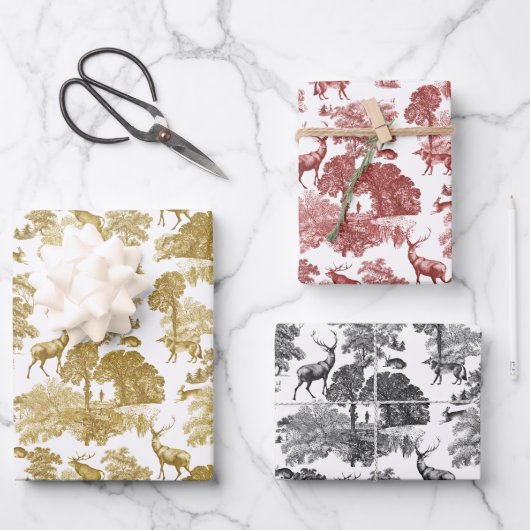 Elegant  Gold Red Toile Deer Fox Woodland Inpakpapier Vel (Voorkant)