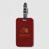 Elegant Gold & Red Wine Monogrammen Bagagelabel (Voorkant (verticaal))