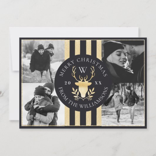 Elegant Gold Reindeer Monogram Crest Weduwfoto Feestdagenkaart (Voorkant)