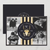 Elegant Gold Reindeer Monogram Crest Weduwfoto Feestdagenkaart (Voorkant / Achterkant)