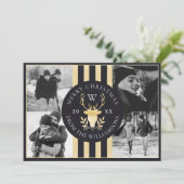 Elegant Gold Reindeer Monogram Crest Weduwfoto Feestdagenkaart (Staand voorkant)