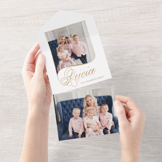 Elegant Gold Rejoice Calligraphy Script Photo All In One Uitnodiging (Afscheurbaar)