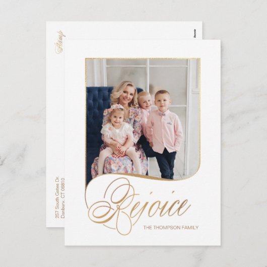 Elegant Gold Rejoice Calligraphy Script Photo Feestdagenkaart (Voorkant / Achterkant)