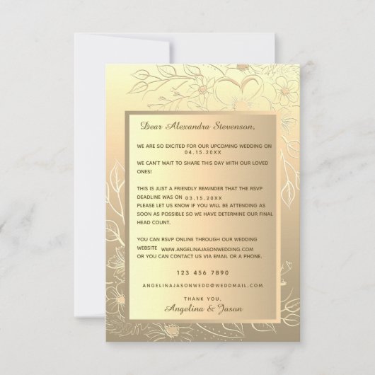 Elegant Gold Reminder Wedding Invitation RSVP Card (Voorkant)
