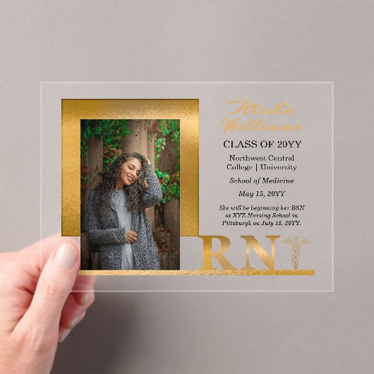 Elegant Gold RN Caduceus Foto Afstuderen Acryl Uitnodigingen (Insitu (Draagbaar))