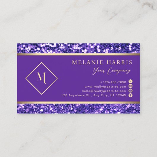 Elegant Gold & Royal Paarse Glitter Modern Visitekaartje (Achterkant)