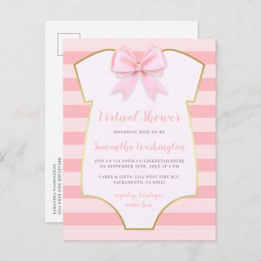 Elegant Gold & Roze Stripes Bow Virtual Shower Uitnodiging Briefkaart (Voorkant / Achterkant)
