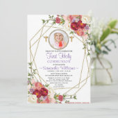 Elegant Gold Rozen Blush Photo First Communtion Kaart (Staand voorkant)