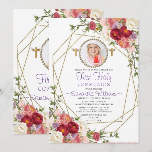 Elegant Gold Rozen Blush Photo First Communtion Kaart (Voorkant / Achterkant)
