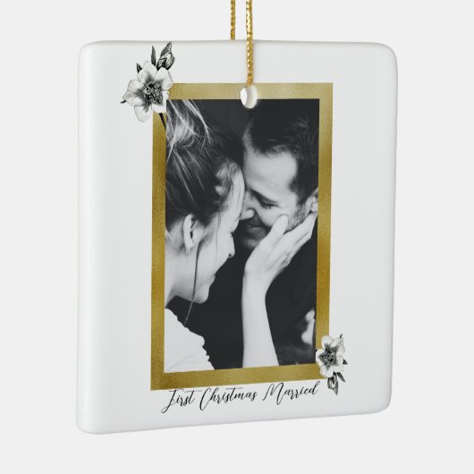 Elegant Gold Rozen eerste kersthuwelijk Foto Keramisch Ornament (Rechts)