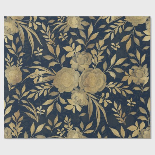 Elegant Gold Rozen Floral Navy Blue Design Cadeaupapier (Vlak)