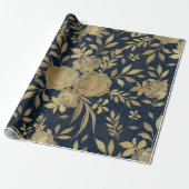 Elegant Gold Rozen Floral Navy Blue Design Cadeaupapier (Uitgerold)
