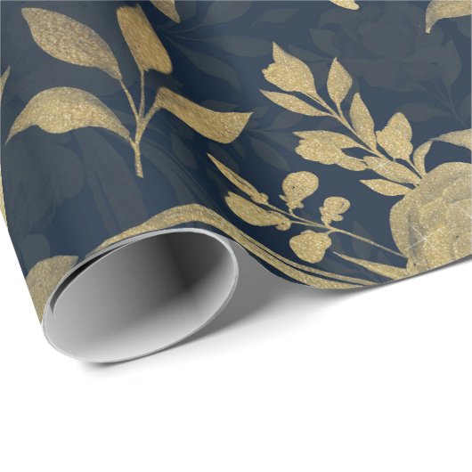 Elegant Gold Rozen Floral Navy Blue Design Cadeaupapier (Rol Hoek)