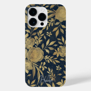 Elegant Gold Rozen Floral Navy Blue Design iPhone 14 Pro Max Hoesje