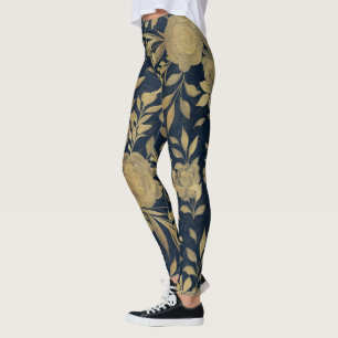 Elegant Gold Rozen Floral Navy Blue Design Leggings