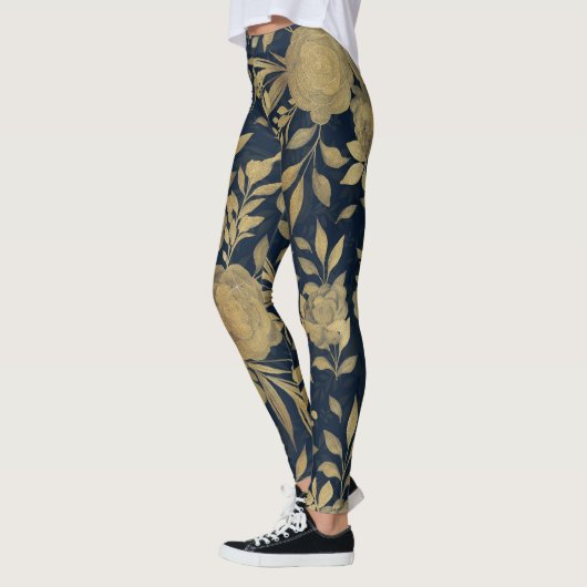 Elegant Gold Rozen Floral Navy Blue Design Leggings (Links)
