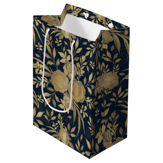 Elegant Gold Rozen Floral Navy Blue Design Medium Cadeauzakje (Voorkant Gekanteld)