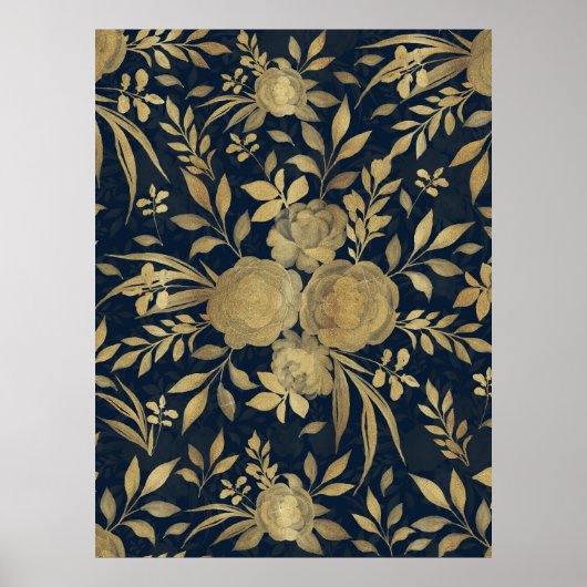 Elegant Gold Rozen Floral Navy Blue Design Poster (Voorkant)