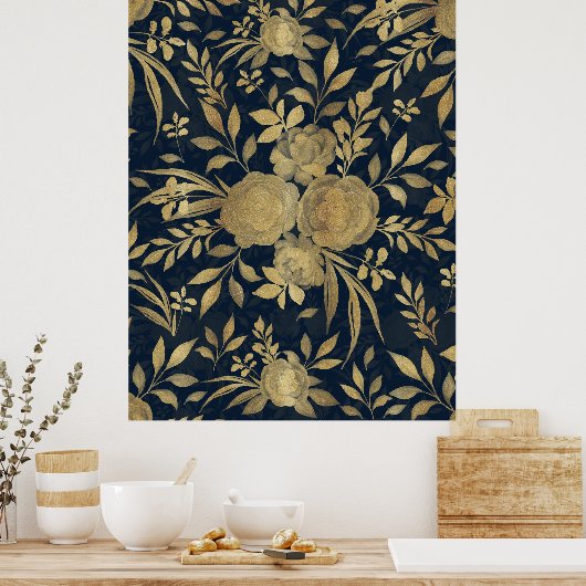 Elegant Gold Rozen Floral Navy Blue Design Poster (Keuken)