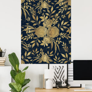 Elegant Gold Rozen Floral Navy Blue Design Poster