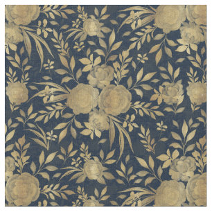 Elegant Gold Rozen Floral Navy Blue Design Stof