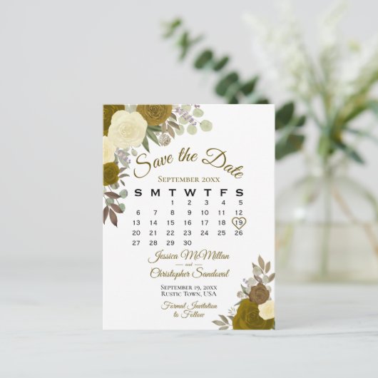 Elegant Gold Rozen Wedding Save the Date Calendar Aankondigingskaart (Staand voorkant)