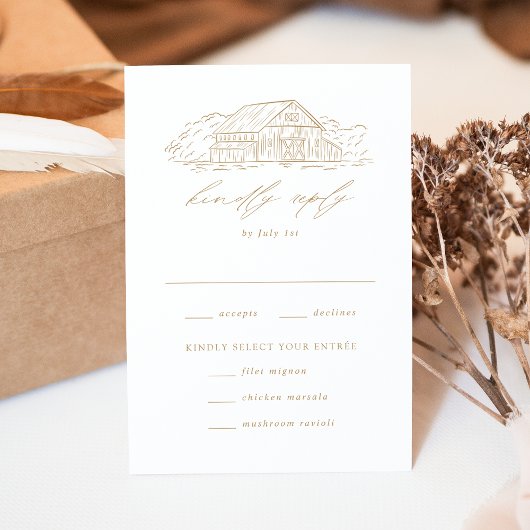 Elegant Gold Rustic Barn Wedding Meal Choice RSVP Kaartje