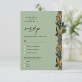 Elegant Gold Sage Green Greenery Leaves Wedding RSVP Kaartje (Staand voorkant)