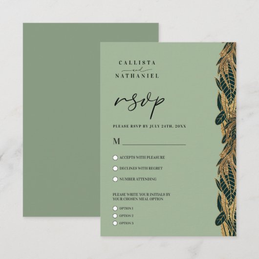 Elegant Gold Sage Green Greenery Leaves Wedding RSVP Kaartje (Voorkant / Achterkant)