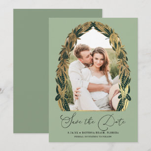 Elegant Gold Sage Green Greenery Leaves Wedding Save The Date