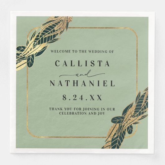 Elegant Gold Sage Green Greenery Leaves Wedding Servet (Voorkant)