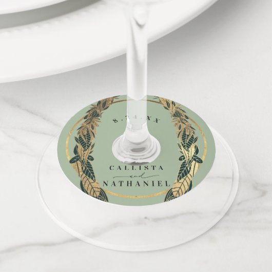 Elegant Gold Sage Green Greenery Leaves Wedding Wijnglaslabel (Dichtbij)