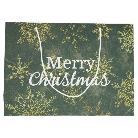 Elegant Gold Sage Green Snowflakes Merry Kerstry Groot Cadeauzakje (Achterkant)