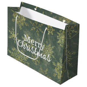 Elegant Gold Sage Green Snowflakes Merry Kerstry Groot Cadeauzakje
